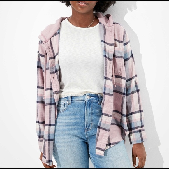 American Eagle Plaid Hooded Button 